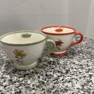 2006 Starbucks Pair of Tea Cups/ Mugs Nuturing 10oz green & orange Uplifting cup